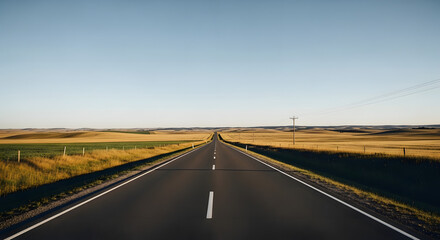 Naklejka premium A long, straight asphalt road stretches into the distance under a clear blue sky, bordered by golden fields.