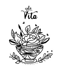 Hand drawn vector vintage doodle illustration. Luxury bouquet in vase.