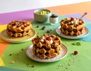 Fototapeta premium Deliciously stacked waffles topped with fresh berries and whipped cream are displayed attractively on colorful plates.
