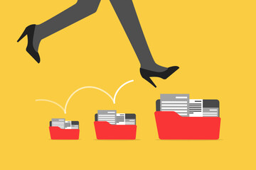 Business woman jumping to the big folder. concept of Career growth development plan, job promotion