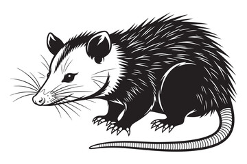 Fototapeta premium Opossum illustration isolated on white background, showcasing its distinctive features and unique characteristics in a detailed black and white drawing vector illustration