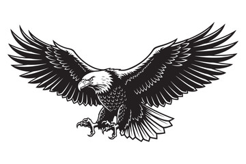 Obraz premium A majestic bald eagle soars with outstretched wings, isolated on white background, embodying freedom and power in a striking monochrome illustration vector illustration