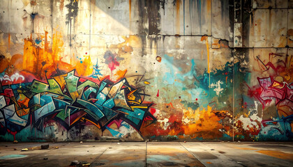 スプレーアート落書きが刻まれた古びた都会のグランジ壁 – Urban Grunge Wall with Weathered Graffiti Marks