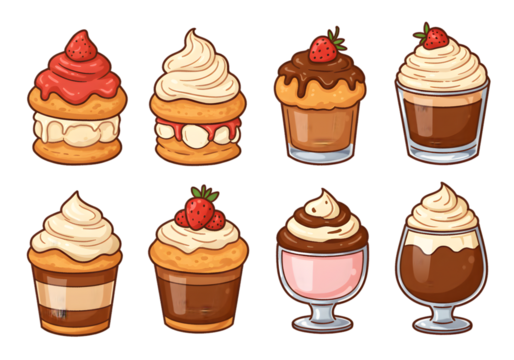 Delicious Variety Of Desserts Cakes Cupcakes With Cream And Strawberries