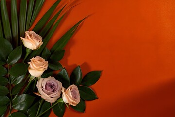  Peach and Lavender Roses with Palm Leaves on Vibrant Orange Background Elegant Floral Arrangement