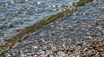 Sparkling clear water over colorful pebbles on a sunny beach.
