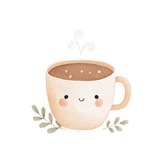 Cute Watercolor Coffee Mug Illustration Happy Hot Drink Design.
