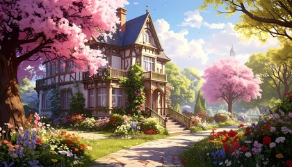 A grand, ornate house adorned with blooming flowers and trees in a sunlit garden.