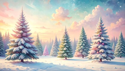 Obraz premium A winter wonderland scene depicts a snowy forest at sunrise, filled with colorful Christmas trees adorned with pastel pink ornaments.