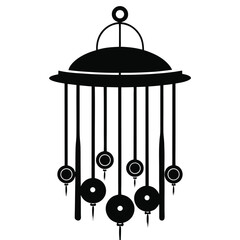 Minimalist Black Silhouette of Wind Chime with Circular Accents and Decorative Strings Hanging Down