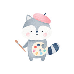 Adorable Raccoon Artist Watercolor Painting Cute Animal Illustration.