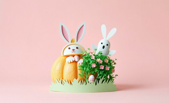 Two charming rabbit figures celebrating spring amidst delicate pink blossoms and fresh greenery on a soft pastel background.