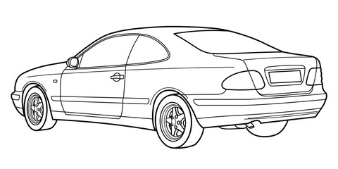 Сlassic lux sport coupe car from 90s, 00s, 3d side view. Different five view shot - front, rear, side and 3d. Outline doodle vector illustration
