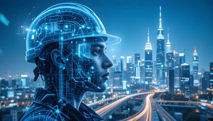civil engineer with a hard hat blended into holographic digital grids and futuristic smart city buildings, symbolizing technology, AI, and modern construction innovation.