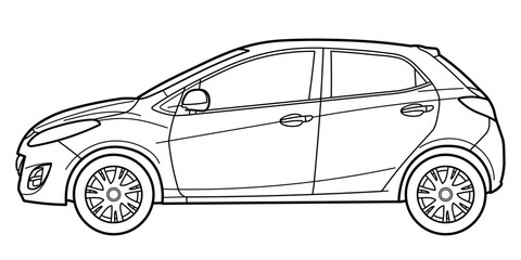 Outline drawing of a hatchback car from side view. Classic style of 80s, 90s. Vector outline doodle illustration. Design for print or color book
