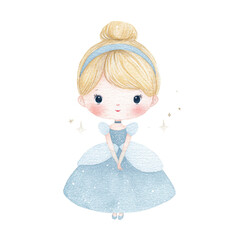 Adorable Watercolor Princess Girl Cute Cartoon Cinderella Illustration. © tanaya