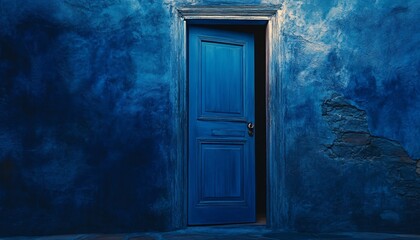 A slightly ajar blue door is set into a textured blue wall with visible damage, creating a mysterious and dramatic scene.