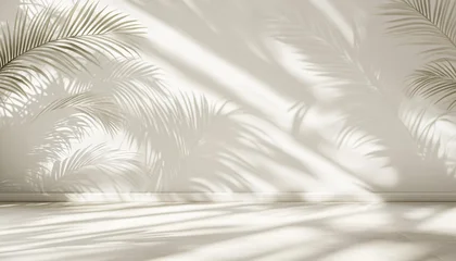 Fototapete Badezimmer Sunlight streams through the leaves of a palm plant, creating shadows that fall on a white wall and pale floor.  © Studicon