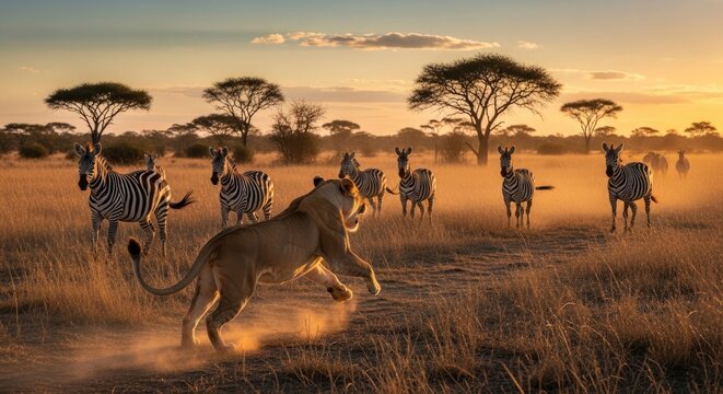 Lioness stalking a herd of zebras in the golden light of an African savanna at sunset.