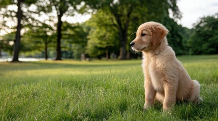 Golden Retriever Puppy in Grassy Field