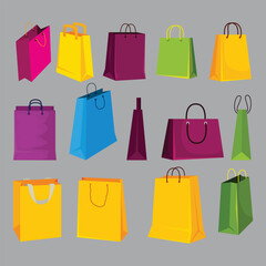 Paper shopping bag set. Isolated blank bags with handle icons. Retail sale, gift package vector illustration