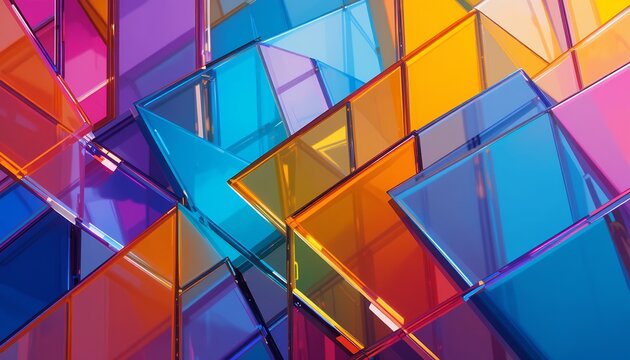 Abstract colorful geometric pattern of overlapping translucent glass shapes with vibrant hues
