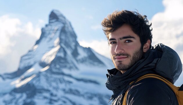 A young man with dark hair and a beard stands in front of a snow covered mountain range, wearing a black jacket and a yellow backpack.
