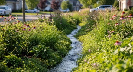Obraz premium Medium shot of a bioswale managing stormwater runoff by channeling water through ecofriendly plants in a suburban environment