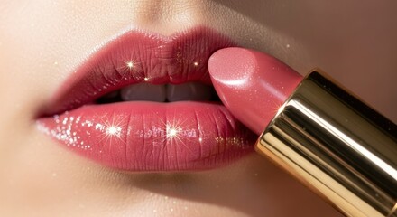 Obraz premium Close-up of glossy, glittery lips applying pinkish-red lipstick, highlighting beauty and glamour.