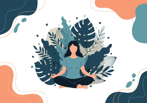 Woman meditating serene calmness surrounded by lush greenery peaceful mindful relaxation - Powered by Adobe