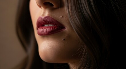 Sensual close-up of a woman's mouth with rich red lipstick and elegant profile.
