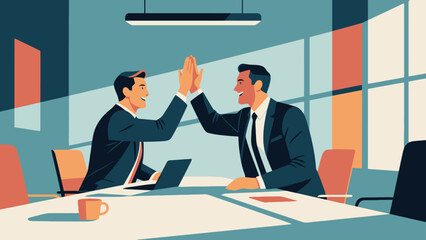 Business figures encourage each other, happily high-five, hand-drawn vector illustrations