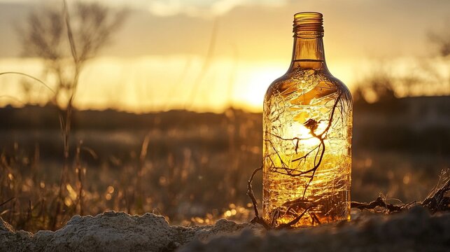 shards. Shattered sunscreen bottle refracting prismatic light with dark vines emerging through cracks. bar promotions, beverage menus, designed for product packaging and bar promotions.