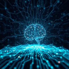 Futuristic ai brain glowing with electric blue light processing data streams circuit board