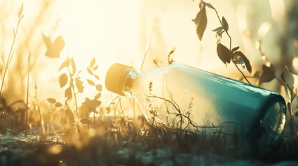 shards. Shattered sunscreen bottle refracting prismatic light with dark vines emerging through cracks. bar promotions, beverage menus, designed for product packaging and bar promotions.