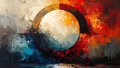 A vibrant abstract painting, showcasing a circular motif within a segmented composition of rich colors and dynamic brushstrokes.
