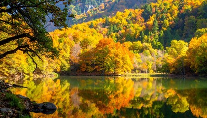 A serene autumnal landscape showcases a tranquil lake reflecting vibrant fall foliage, creating a picturesque autumnal scene.