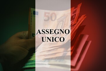 Hand holding euro banknotes with the Italian flag concept Assegno Unico
