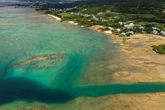 Nagahama Coastline at Low Tide in Yomitan Village, Okinawa, Japan &ndash; Aerial Photography