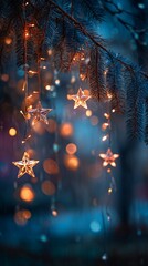 Captivating holiday scene featuring shimmering star ornaments illuminating a tranquil winter night, surrounded by soft bokeh effects and evergreen branches.