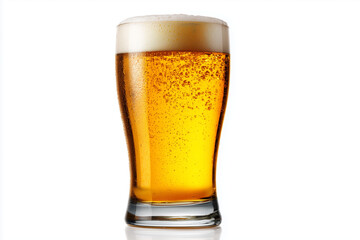 A glass of cold golden beer with frothy foam head and visible bubbles rising, representing refreshment and alcoholic beverage, isolated on white background.
