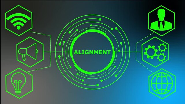 Global business alignment illustrated with data icons. business technology virtual screen background. performance metrics, and business insights from large data sets ,network , business 4K..