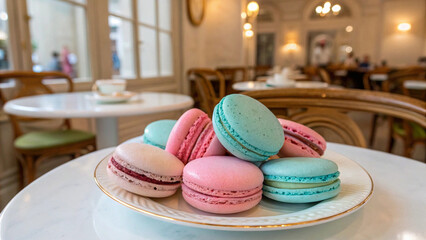  French macarons in pastel colors on elegant white plate, Parisian caf&eacute; background