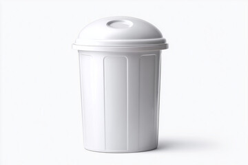 plastic trash bin with lid and wheels standing upright, isolated on white background.