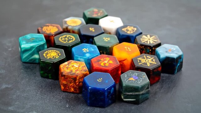 Colorful Hexagonal Dice on Dark Surface