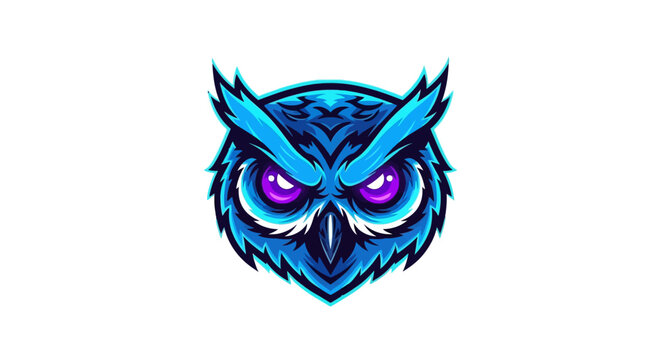 Vibrant blue owl head mascot with purple eyes on a clean white background, showcasing a digital illustration with bold lines and bright colors.