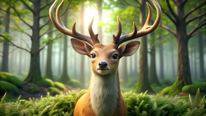 3D image of a gorgeous deer with big antlers standing in a bright, verdant forest.