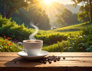 A steaming cup of coffee sits on a wooden table, bathed in morning sunlight, overlooking a lush green landscape.