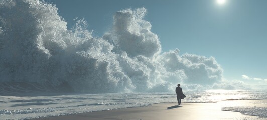 Minimalist surreal 3D scene of figure on windy seaside cliff watching colossal male face emerge from crashing ocean waves and mist, double exposure effect, cinematic wide-angle, dramatic and serene