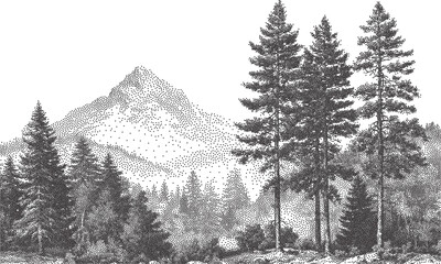 Black and white engraving style landscape of majestic mountain range with pine forest, misty trees and vintage etching illustration for nature, wilderness and adventure themes